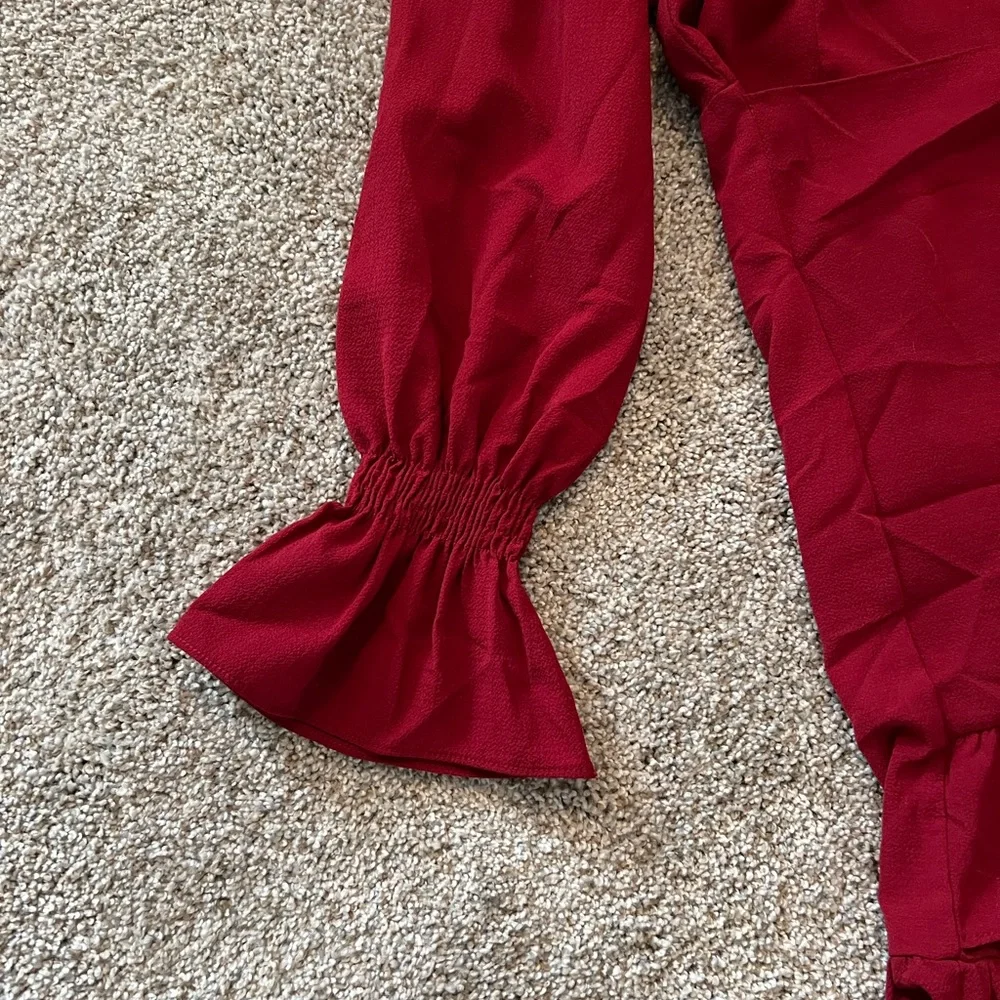2/$40 VDAY Women wine red ruffle front wrap dress long sleeve burgundy medium - Picture 5 of 11